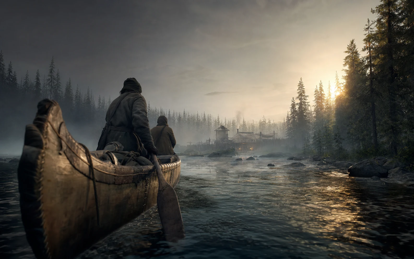 Two period travelers guide a canoe toward a timber outpost on a misty frontier river.
